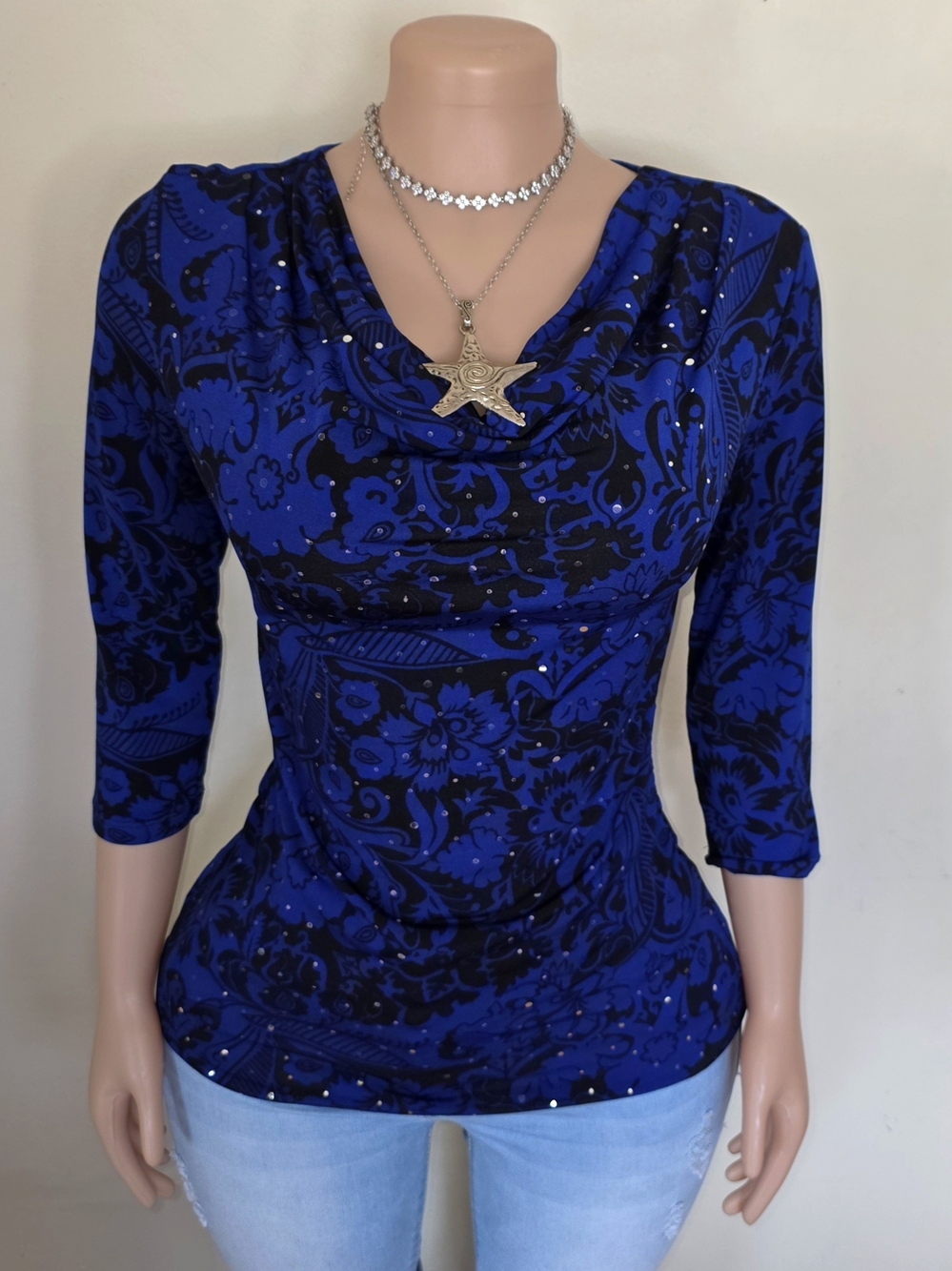 Style & Co. Royal Blue and Black Floral Cowl Neck Top